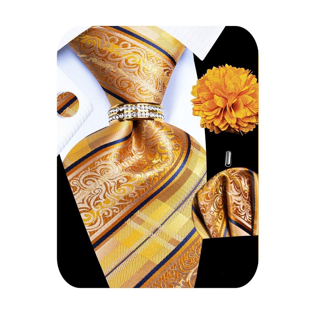 5790 5PCS Silk Gold Striped Tie, Pocket Square, Cufflinks, Drilled Tie Ring